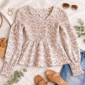 Love, Olive Co Romantic Floral Smocked Peplum Blouse Cottagecore